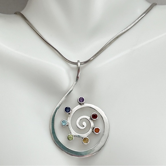 Multi Gemstone Seven Chakra Spiral Sterling Silver Necklace - Picture 2 of 8